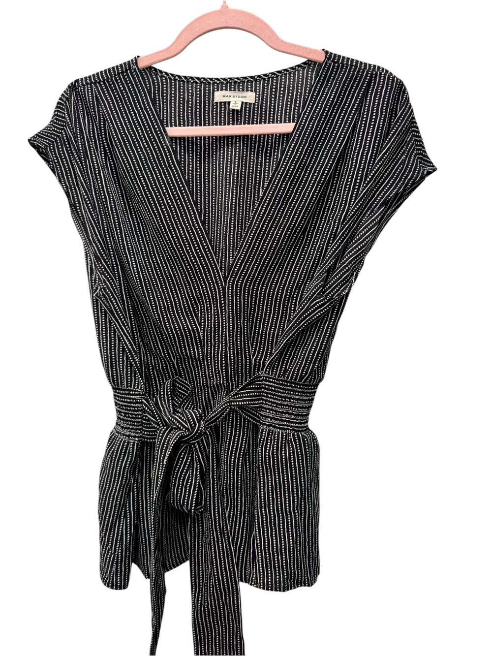 Max Studio Faux Wrap Tie-Front Top in Black and White. Size Large - Picture 2 of 5